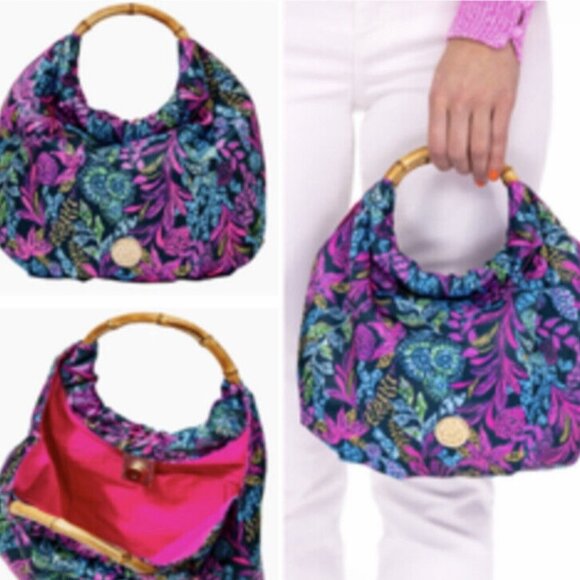 Lilly Pulitzer GWP Bamboo Handbag Aegean Navy Calypso Coast - Picture 1 of 4